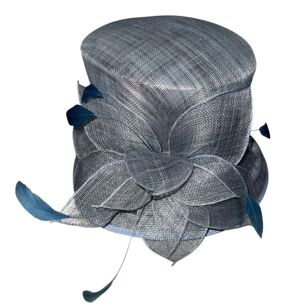 Giovanni Dusty Blue Fascinator Hat Quill Feathers Kentucky Derby wide brim